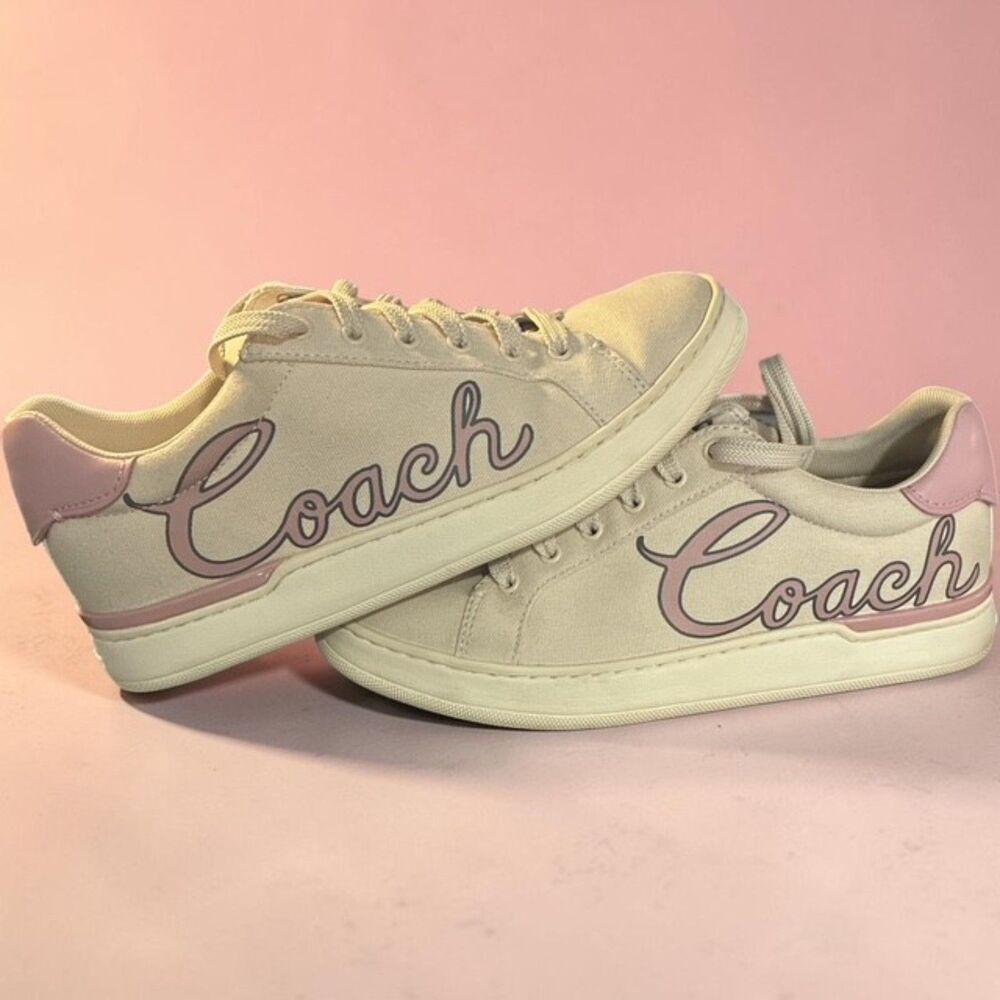 Coach Clip Low Top Sneakers Cream Pink Script Logo Canvas Leather Size 8.5B